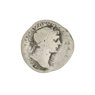 Denarius of Trajan (53–117 CE; emperor 98–117), obverse: head of Trajan right, laurel-wreathed; rim