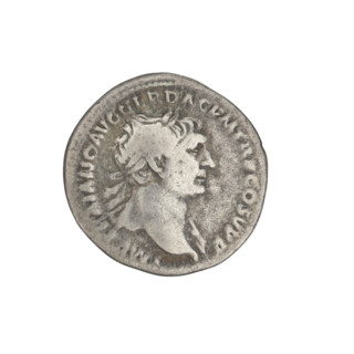 Denarius, Trajan (53–117; Roman emperor 98–117). Obv.: head of Trajan right, decorated with a