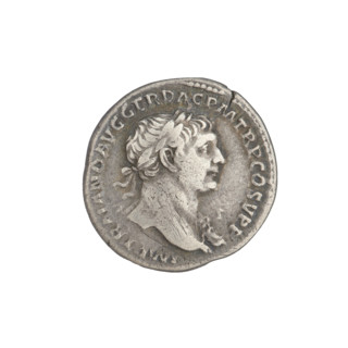 Denarius of Trajan (53–117; Roman emperor 98–117). Obverse: head of Trajan right, laurel-wreathed;