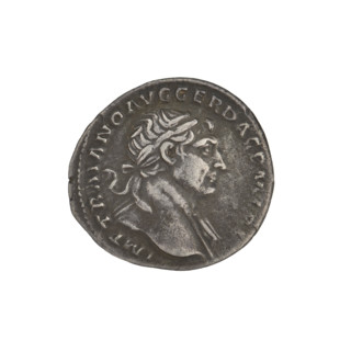 Denarius, Trajan (53–117 CE; Roman emperor 98–117). Obverse: head of Trajan right, decorated with a