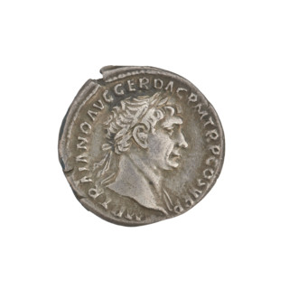 Denarius, Trajan (53–117; Roman emperor 98–117). Obverse: head of Trajan facing right, decorated
