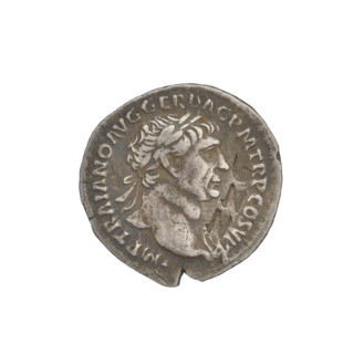 Denarius of Trajan (53–117; Roman emperor 98–117). Obverse: head of Trajan facing right, wearing a