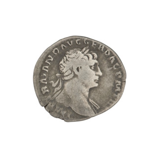 Denarius of Trajan (53–117 CE; Roman emperor 98–117). Obverse: head of Trajan right, decorated with