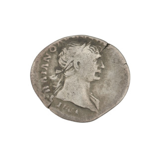 Denarius, Trajan (53–117; Roman emperor 98–117). Obverse: head of Trajan facing right, decorated