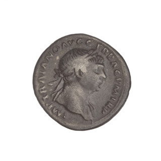Denarius, Trajan (53–117; Roman emperor 98–117). Obverse: head of Trajan right, laurel-wreathed;