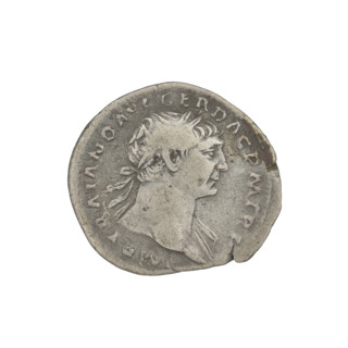Denarius of Trajan (53–117; Roman emperor 98–117). Obverse: head of Trajan right, decorated with a