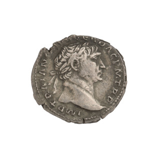 Denarius, Trajan (53–117; Roman emperor 98–117). Obverse: head of Trajan right, wearing a laurel