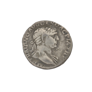 Denarius, Trajan (53–117; Roman emperor 98–117). Obverse: head of Trajan facing right, decorated