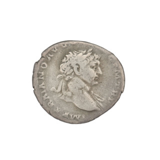 Denarius of Trajan (53–117; Roman emperor 98–117). Obverse: head of Trajan right, decorated with a