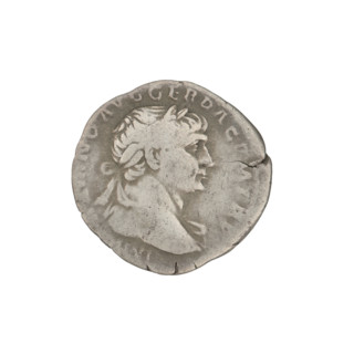 Denarius of Trajan (53–117; Roman emperor 98–117). Obverse: head of Trajan right, decorated with a