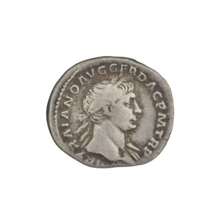 Denarius, Trajan (53–117; Roman emperor 98–117). Obverse: head of Trajan right, laurel wreath; rim