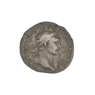 Denarius, Trajan (53–117; Roman emperor 98–117). Obverse: head of Trajan right, laurel-wreathed;