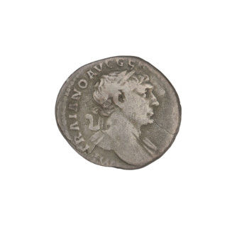 Denarius, Trajan (53–117; Roman emperor 98–117). Obverse: head of Trajan facing right, decorated