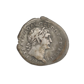 Denarius of Trajan (53–117; Roman emperor 98–117). Obverse: head of Trajan right, decorated with a