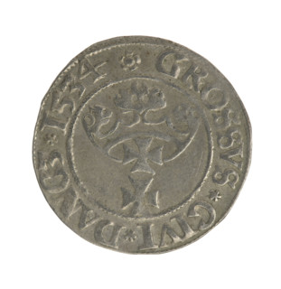 Gdansk grosz, Sigismund I the Old (King of Poland; 1506–1548). Polish coin (1534). Obverse: Crowned