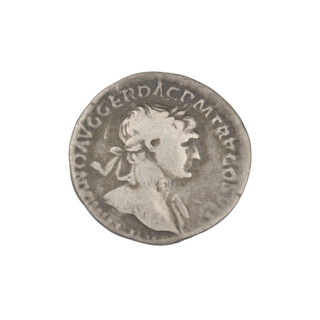 Denarius, Trajan (53–117; Roman emperor 98–117). Obverse: head of Trajan in laurel wreath facing