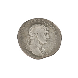 Denarius of Trajan (53–117; Roman emperor 98–117). Obverse: head of Trajan in laurel wreath facing
