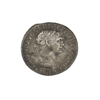 Denarius of Trajan (53–117; Roman emperor 98–117). Obverse: head of Trajan in laurel wreath facing