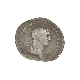 Denarius, Trajan (53–117; Roman emperor 98–117). Obverse: head of Trajan in laurel wreath facing