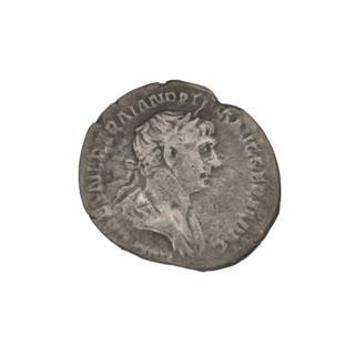 Denarius, Trajan (53–117; Roman emperor 98–117). Obverse: head of Trajan in laurel wreath facing