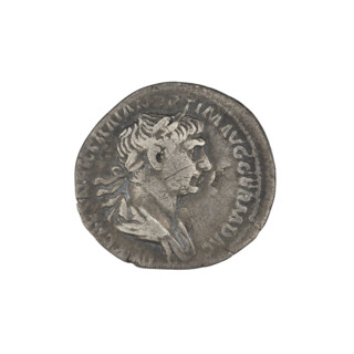 Denarius, Trajan (53–117; Roman emperor 98–117). Obverse: head of Trajan in laurel wreath facing