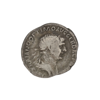 Denarius of Trajan (53–117; Roman emperor 98–117). Obverse: head of Trajan in laurel wreath facing