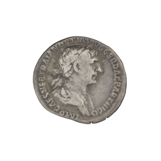 Denarius, Trajan (53–117; Roman emperor 98–117). Obverse: head of Trajan in laurel wreath facing