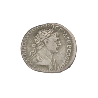 Denarius, Trajan (53–117; Roman emperor 98–117). Obverse: head of Trajan in laurel wreath facing