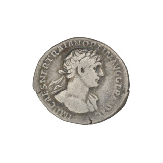 Denarius of Trajan (53–117; Roman emperor 98–117). Obverse: head of Trajan in laurel wreath facing