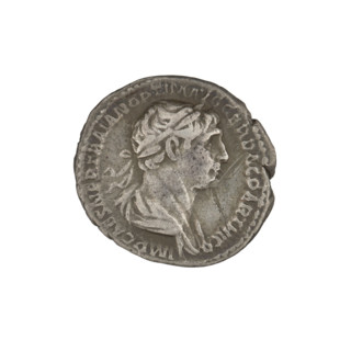 Denarius, Trajan (53–117; Roman emperor 98–117). Obverse: head of Trajan in laurel wreath facing