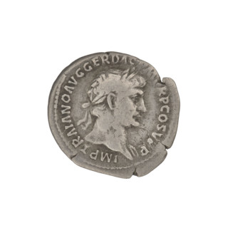 Denarius, Trajan (53–117; Roman emperor 98–117). Obverse: head of Trajan with laurel wreath facing