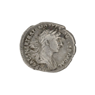 Denarius, Trajan (53–117; Roman emperor 98–117). Obverse: head of Trajan in laurel wreath facing