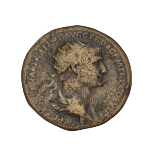 Dupondius, Trajan (53–117; Roman emperor 98–117). Obverse: head of Trajan in a radiant crown facing