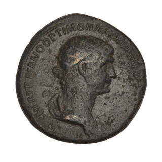 dupondius, Trajan (53–117; Roman emperor 98–117); obverse: head of Trajan in radiant crown; rim
