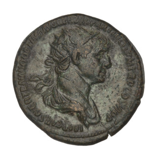 dupondius, Trajan (53–117; Roman emperor 98–117); Obverse: bust of Trajan facing right wearing a