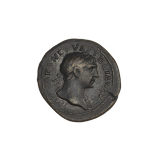 Quarter (coin) of Trajan (53–117; Roman emperor 98–117). Obverse: head of Trajan right in a laurel