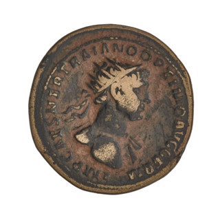 Obv.: head of Trajan (53–117; Roman Emperor 98–117) in radiant crown facing right; rim inscription: