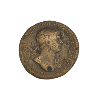 Trajan (53–117; Roman Emperor 98–117). Obverse: head of Trajan in radiant crown facing right; rim