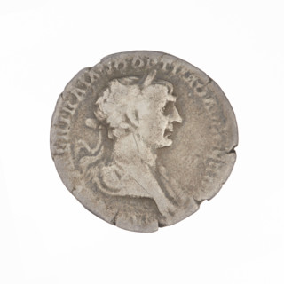 Denarius of Trajan (53–117; Roman emperor 98–117). Obverse: head of Trajan in a laurel wreath