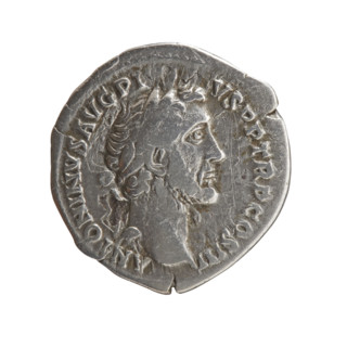 Denarius of Antoninus Pius (r. 138–161), ca. 140–144. Obverse: Head of Antoninus Pius in a laurel