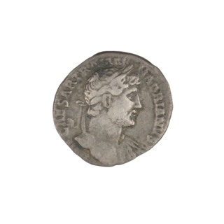 Denarius of Hadrian (76–138; Roman emperor 117–138). Obverse: bust of Hadrian right, laurel wreath