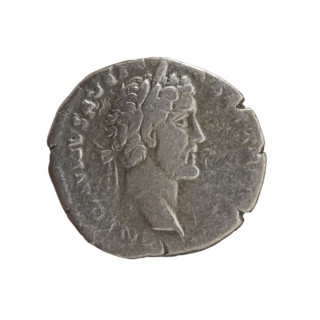 Denarius of Antoninus Pius (86–161; Roman emperor 138–161). Obverse: Head of Antoninus Pius in a
