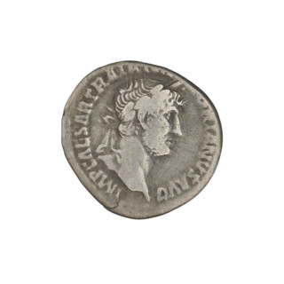 Denarius of Hadrian (76–138; Roman emperor 117–138). Obverse: bust of Hadrian right, laurel wreath