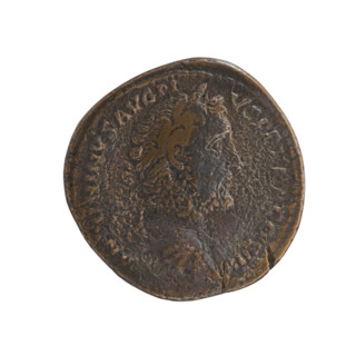 Sestertius, Antoninus Pius (86–161; Roman emperor 138–161). Obverse: Bust of Antoninus Pius in a