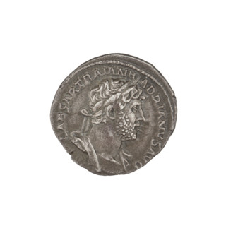 Denarius of Hadrian (76–138; Roman emperor 117–138). Obverse: bust of Hadrian with laurel wreath