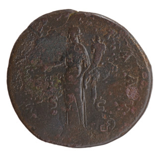 Sestertius of Antoninus Pius (86–161; Roman emperor 138–161). Obverse: head of the emperor in a