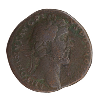 Sestertius; issuer: Antoninus Pius (86–161; Roman emperor 138–161). Obverse: head of the emperor in