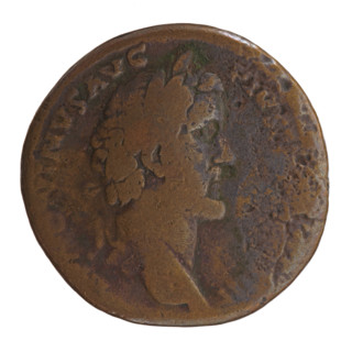 Sestertius of Antoninus Pius (86–161; Roman emperor 138–161). Obverse: head of the emperor in a