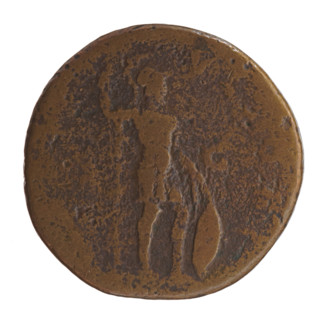 Sestertius of Antoninus Pius (86–161; Roman emperor 138–161). Obverse: head of the emperor in a