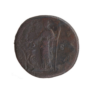 Sestertius of Antoninus Pius (86–161; Roman emperor 138–161). Obverse: head of the emperor in a